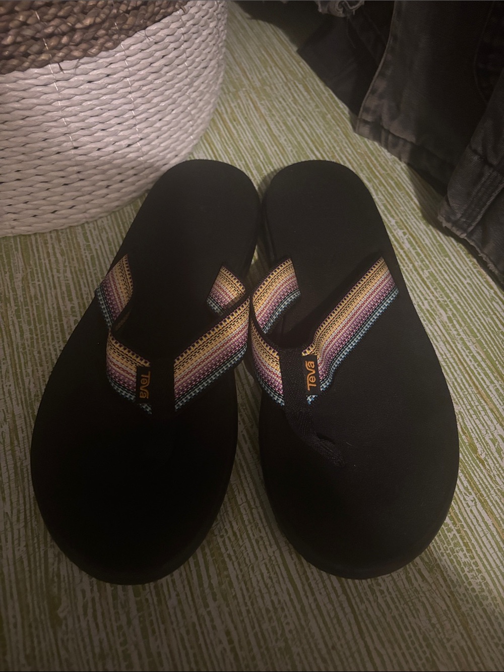 Teva Kids Black Flip Flops with Rainbow Striped Straps